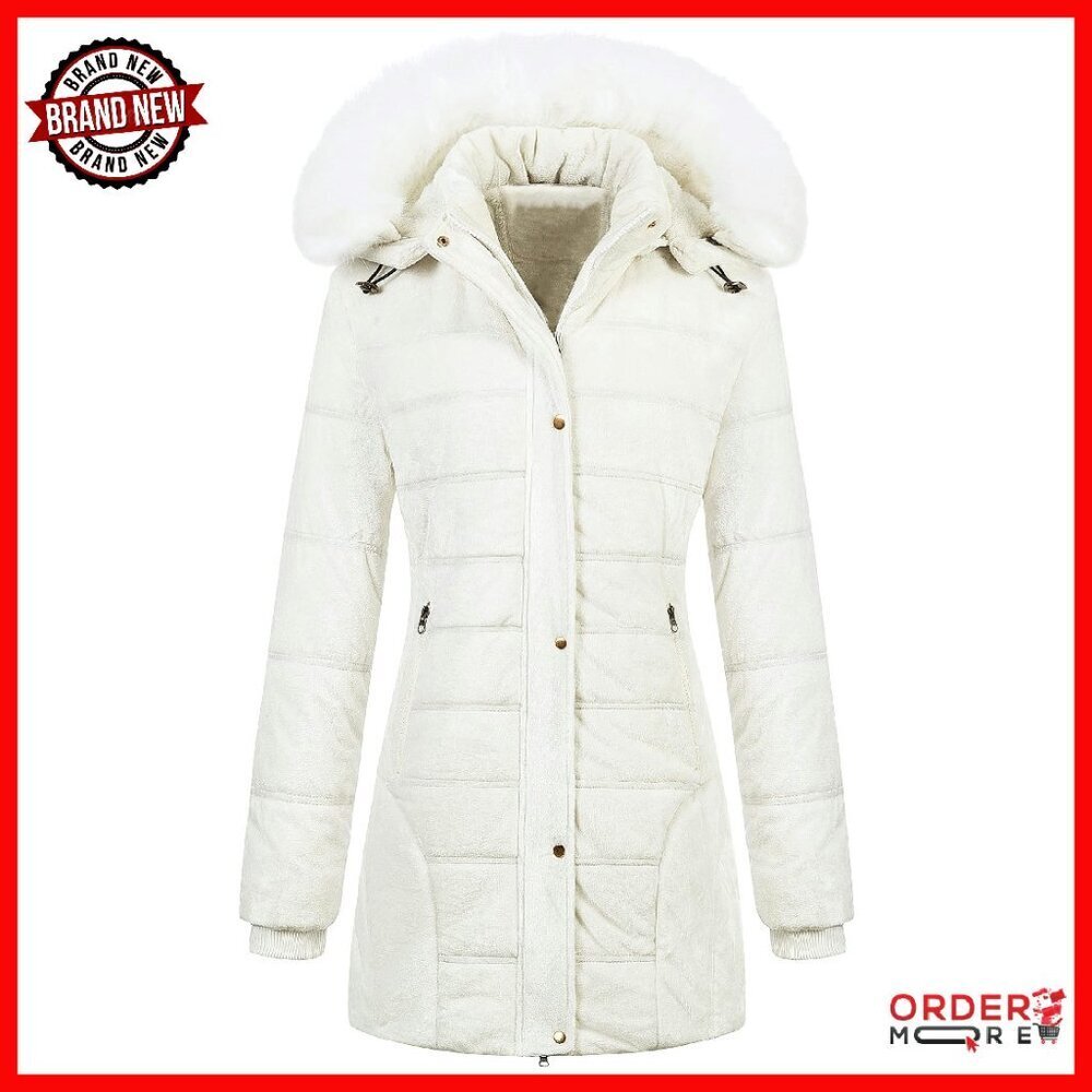 Women's Velvet Puffer Jacket with Faux Fur Hood, Quilted Winter Coat